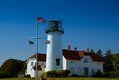 Chatham Lighthouse with American Flags on Cape Cod